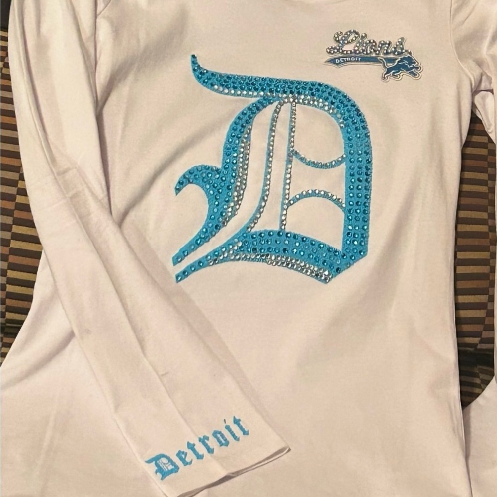 Detroit White Long Sleeve Shirt with Blue Rhinestones